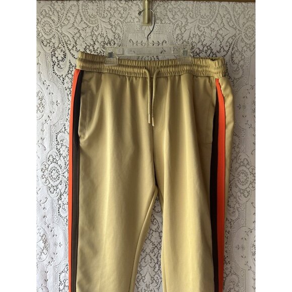 Jian Wang XL Men's 2 Pc Retro Zip Up Pockets Beige Striped Trim Track Suit - Picture 10 of 11